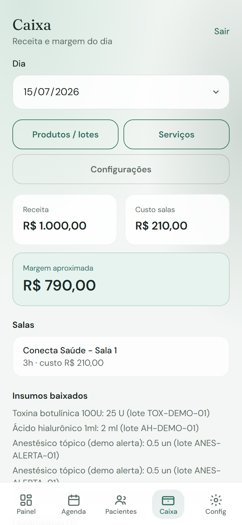 Tela real do Phinety: caixa do dia com receita e margem