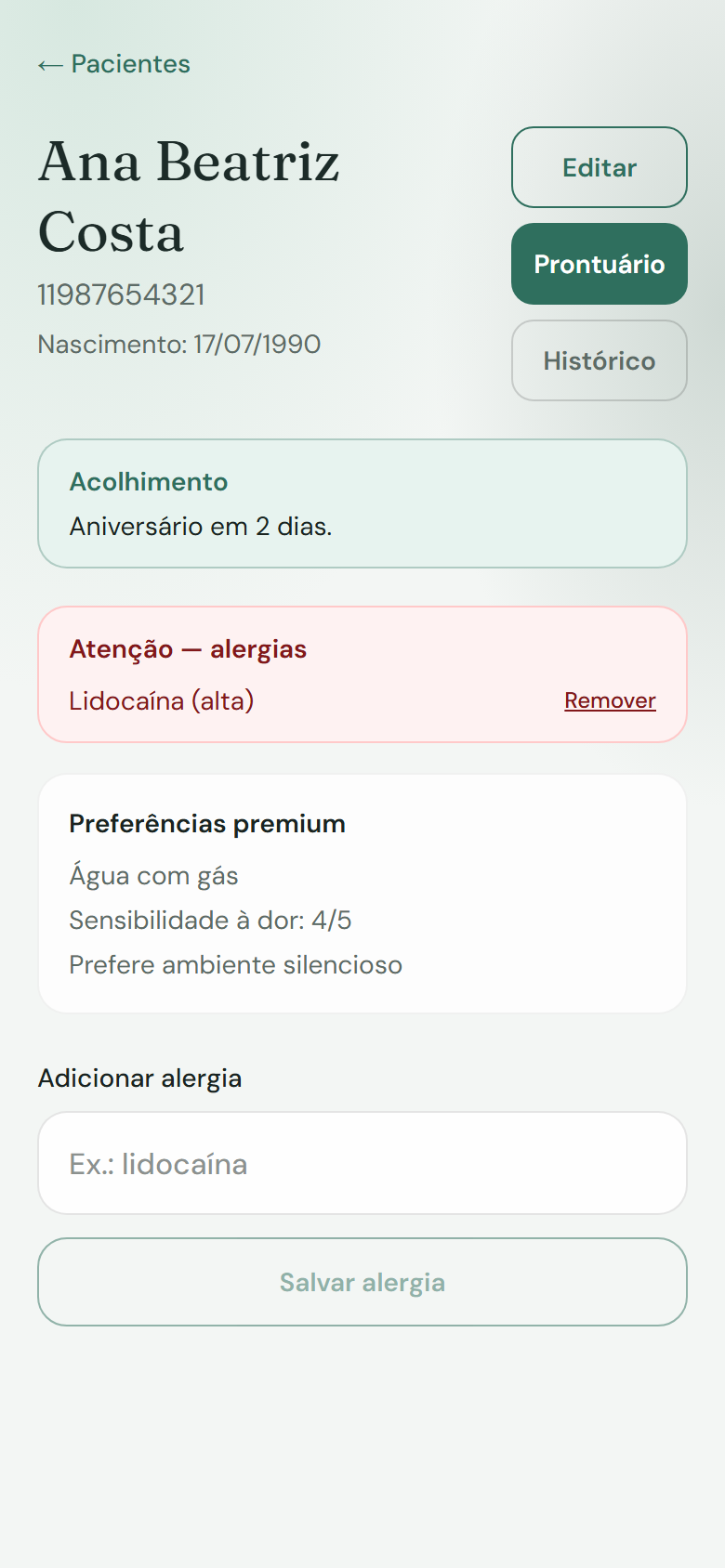 Tela real do Phinety: ficha do paciente com alergias e preferências